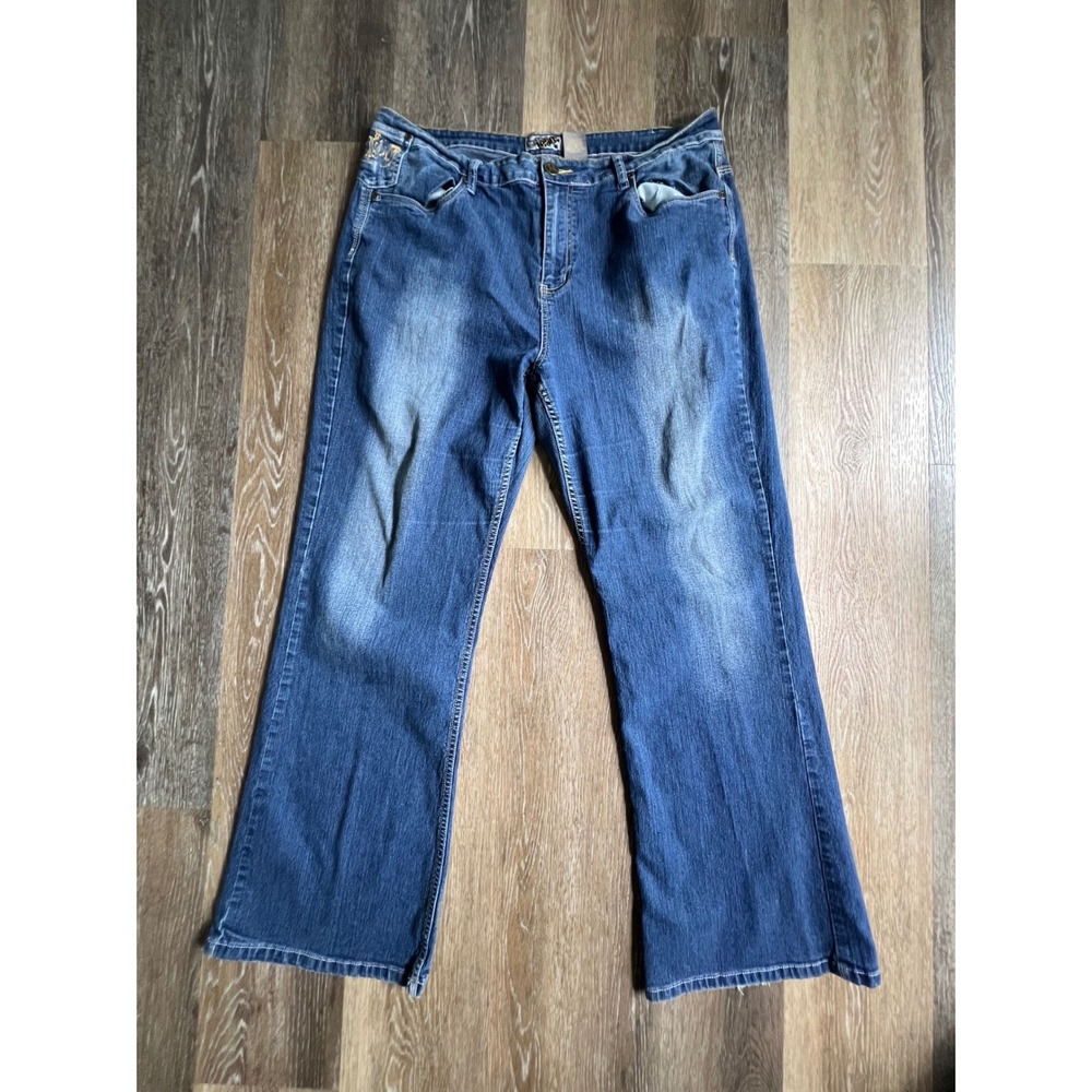 Crest Jeans Wide Leg Pants Women 19/20 Blue Graphic Back Pocket Y2K Denim